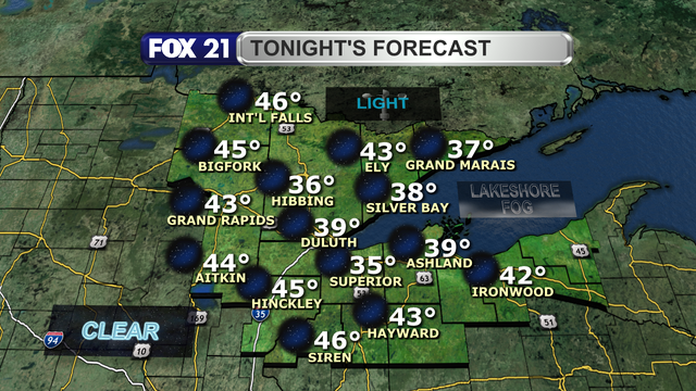 A high-pressure system will keep skies clear of cloud cover over the Northland Sunday night.  A bit of lakeshore fog is possible along the Twin Ports and South Shore regions.  Winds will be light with low temperatures in the upper 30s and low 40s.