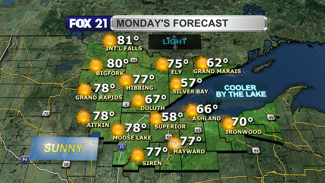 The Northland will continue to be under the influence of an Omega high pressure system, which will keep skies clear of cloud cover Monday.  Winds will be a light breeze, and a lake breeze will form.  High temperatures will range from the 70s inland, with the 50s and 60s along the shoreline regions.