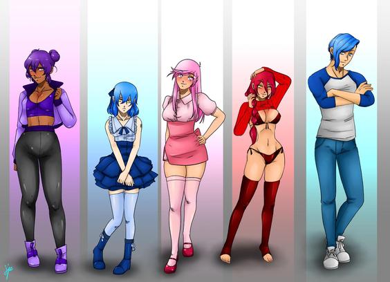 A shot of 4 people, a fit purple-haired woman, a blue-haired girl dressed as a doll, a pink-haired woman dressed in a dress blushing. A red-haired woman who is dressed in next to nothing. And a blue-haired man standing casually arms crossed dressed simply.