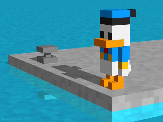 Semi-abstract, voxel-style interpretation of Donald Duck, standing at the edge of a quay.