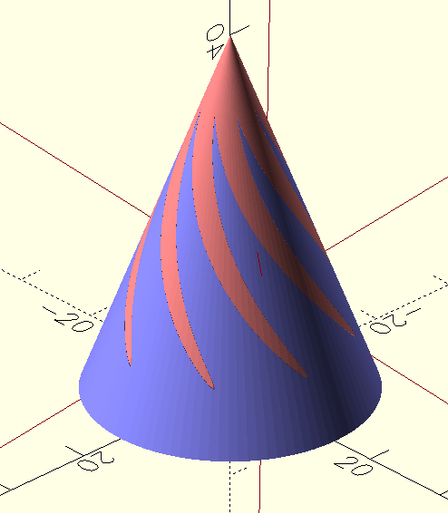 A screenshot showing a computer modelled cone shape.  The cone is cut into two parts in a spiral shape that slot into each other.