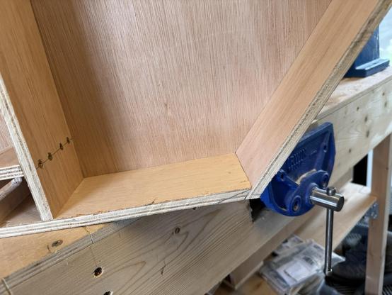 A close-up of one of the angle joints on the baseboard