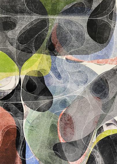 Abstract monoprint with curvilinear forms in shades of black with blue, green, and red. There are complex embossed shapes providing a range of tones.