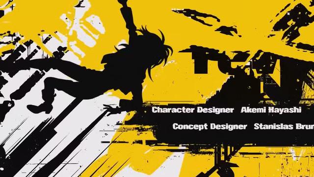 Lazarus intro shot: stylised graphic of woman falling from building