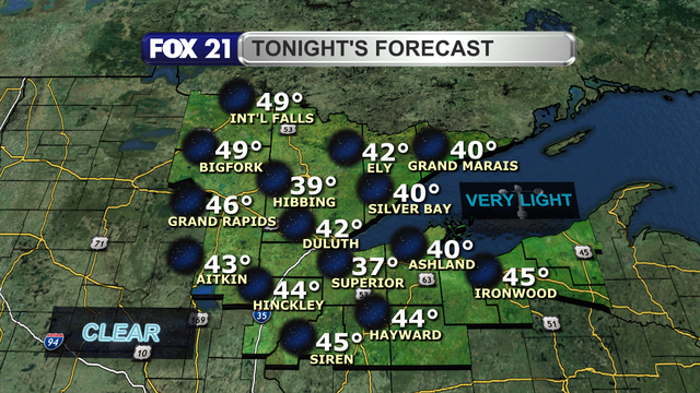 The Omega High over the Great Lakes region will keep the Northland clear of cloud cover Monday night, and keep winds very light.  Low temperatures will be on the mild side in the upper 30s and 40s.