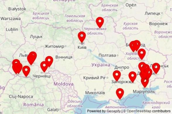 A map showing every place of worship we have visited so far in Ukraine including:
Церква Преподобної Параскеви in Lypivka
Мечеть Ахать Джами in Donetsk
Храм святителя і чудотворця Миколая in Polohy
Свято-Борисо-Глібський жіночий монастир in Vodiane
Церква Христа Спасителя in Mariupol
Покровська церква in Sosnytsia
Свято-Преображенський храм in Volnovakha
Українська православна церква in Novohrodivka
Свято-Миколаївський храм in Nikopol
Кирилівська церква in Kyiv
Церква "Відродження" in Khrustalnyi
Каплиця in Henichesk
Церква св. Петра і Павла. 1838. in Krainia Martynka
Церква святих Косми та Даміана ПЦУ in Furmanivka
Хрестовоздвиженський храм in Starobesheve
Цeрква Пресвятої Трійці (2015 р.) in Stryhantsi
церква на честь Святих Архангелів Михаїла і Гавриїла рпц in Revkivtsi
Храм Костянтина та Олени in Olenivka
Костел Вознесіння in Vynohradiv
Церква Успіння Пресвятої Богородиці in Dilove
Синагога in Khust
Свято-Вознесенський кафедральний собор in Izium
