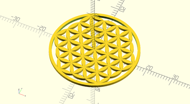 The Flower of Life created in OpenSCAD. OpenSCAD is a code-based open source 3D modelling software. The Flower of Life is a sacred geometry figure made of the intersection of circles with a round of 6 circles around it rotated each by 60°. The figure is colored in yellow, and position in a 3D dimentional axis.