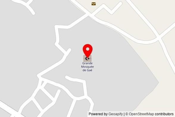 A zoomed out map with a pin at the position of Grande Mosquée de Gaé, Gaé, Département de Dagana, Senegal