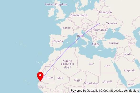 A map showing the great circle route from Lypivka in Ukraine to a map pin at Grande Mosquée de Gaé, Gaé, Département de Dagana, Senegal