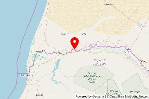 A map showing the area of Gaé with a pin at the position of Grande Mosquée de Gaé, Gaé, Département de Dagana, Senegal