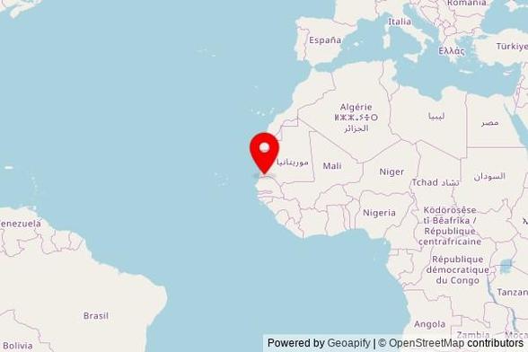A zoomed in map showing a pin at the position of Grande Mosquée de Gaé, Gaé, Département de Dagana, Senegal