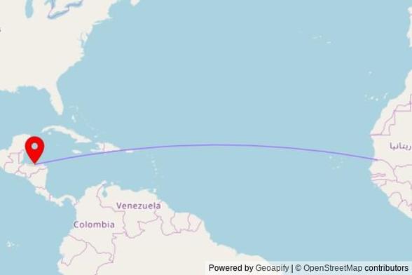 A map showing the great circle route from Gaé in Senegal to a map pin at Iglesia Amor Viviente, 6a Calle NO, 32301 Tocoa, Honduras