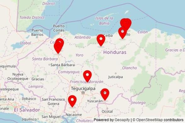 A map showing every place of worship we have visited so far in Honduras including:
Iglesia Amor Viviente in Tocoa
Iglesia de Talanga in Talanga
Iglesia de San Manuel in San Manuel
Iglesia de Potrerillos in Potrerillos
Iglesia Católica Santa Francisca Cabrini in Coyoles
Iglesia San Martín de Porres in Trujillo
Iglesia de San Francisco de Coray in San Francisco de Coray
Iglesia de El Paraíso in El Paraíso
Iglesia de Guadalupe Carney in Trujillo