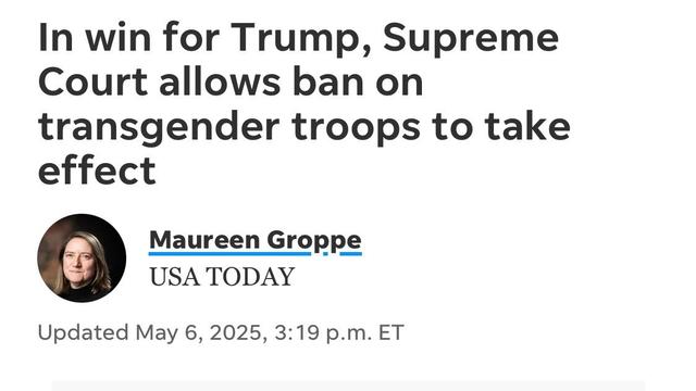 In win for Trump, Supreme Court allows ban on transgender troops to take effect
Maureen Groppe
USA TODAY
Updated May 6, 2025, 3:19 p.m. ET