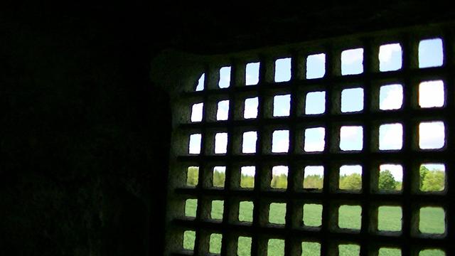 air vent of squares view from inside. green fields n trees outside