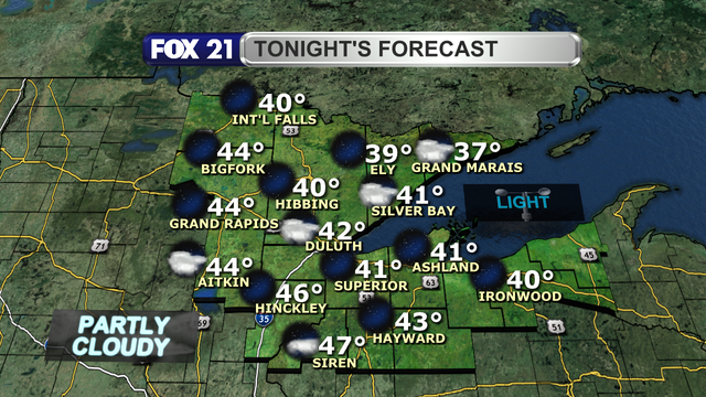 A weak cold front will bring partly cloudy skies across the Northland Tuesday night as light winds shift from the northwest to the northeast.  Low temperatures will be in the upper 30s and lower half of the 40s.