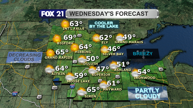Cloud cover will clear out of the Northland Wednesday, leaving sunny skies by the afternoon.  A breeze coming off Lake Superior will cool temperatures to the upper 40s next to the lake, to the 50s and low 60s further inland.