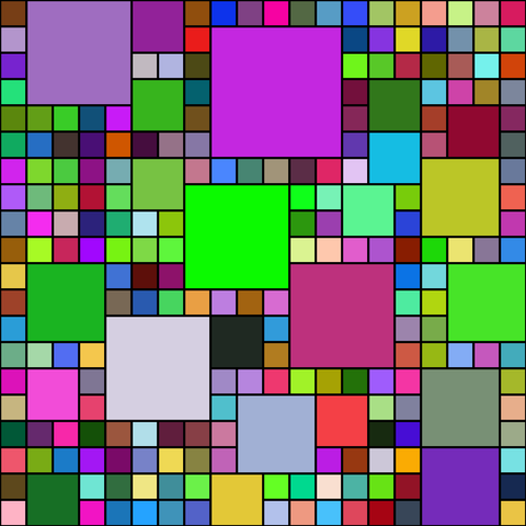 A computer generated picture of multicoloured squares of various sizes packed into a 20 by 20 grid