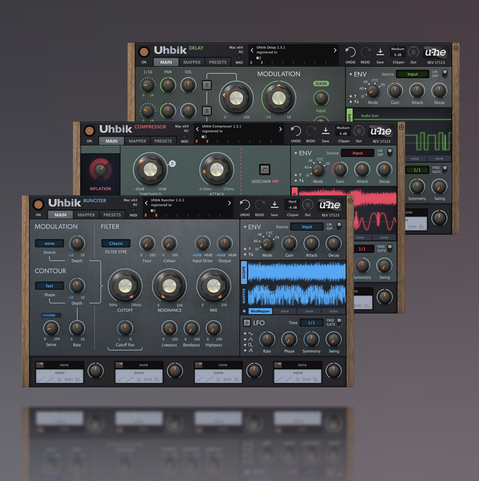 Uhbik Delay, Uhbik Compressor, Uhbik Runciter screen grabs.
