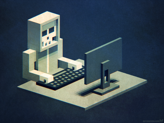 Minimalistic voxel artwork, showing a very stylized black hat hacker with a skull inside his hoodie, sitting in front of a computer screen while typing on a keyboard.