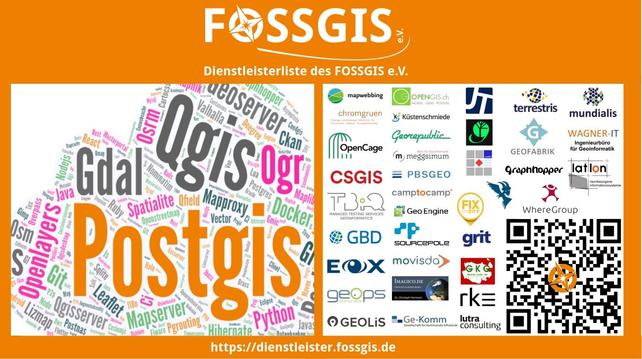 Bild zeigt FOSSGIS-Vereinslogo in weiß auf orangem Hintergrund sowie Wordcloud zu Projekten und Kompetenzen der Anbieter auf der Dienstleisterliste sowie die Logos der Unternehmen, die als Anbieter auf der Dienstleisterliste sind. https://dienstleister.fossgis.de/