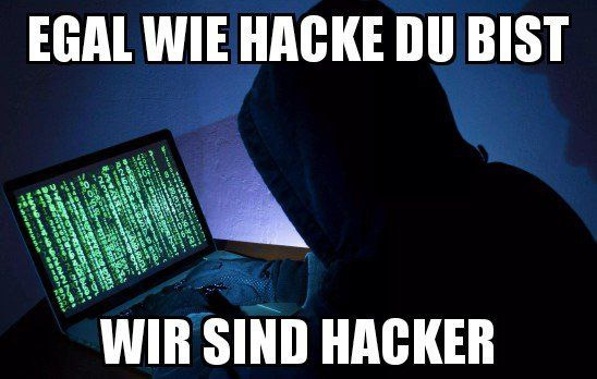 Hoodie-Gestalt vor "Matrix-Style" Laptopbildschirm

Meme:

Egal wie Hacke du bist - 
Wir sind Hacker.