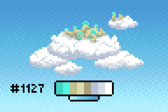 Pixel art of some fluffy clouds in a blue sky, with castles built atop the clouds. The buildings are yellowish and have teal rooftops.