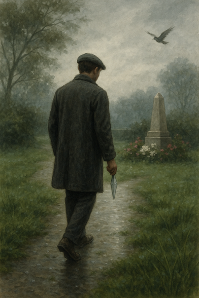Silhouette d’un homme marchant seul dans un jardin humide après la pluie. Il tient un cristal obélisque dans sa main droite. L’atmosphère est grise et douce, empreinte de silence et de recueillement. À l’arrière-plan, un oiseau s’envole dans un ciel nuageux, au-dessus d’une stèle commémorative discrète parmi les arbres. - Image générée par l'intelligence artificielle.