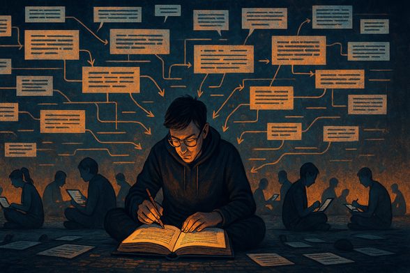 A digital illustration depicts a young man deeply focused on annotating a book, surrounded by other students also studying, with glowing handwritten notes and arrows symbolizing interconnected thinking and collaborative learning.