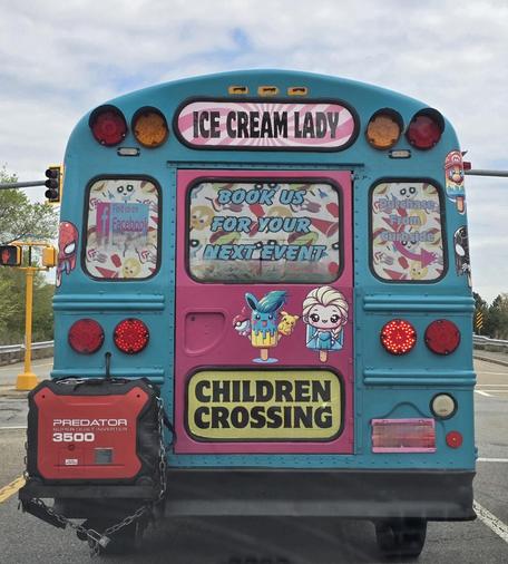 A bus that is full of AI pictures of ice creams, and with a barebone and terrible design.
