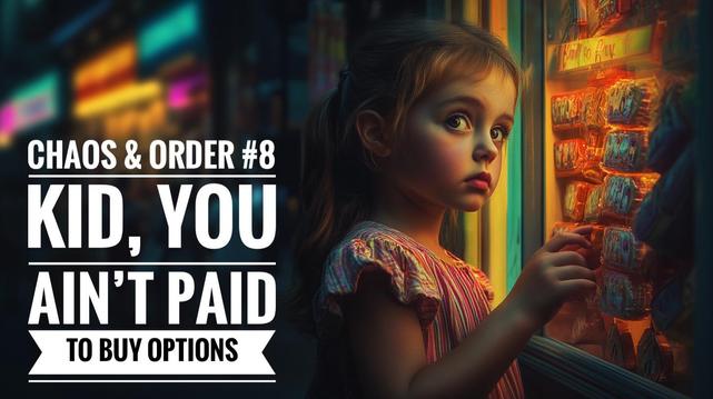 A young girl in a candy shop stares longingly at colorful sweets behind glass. The image is used metaphorically in the context of trading, with bold text: “Chaos & Order #8 – Kid, You Ain’t Paid to Buy Options.” It represents the seductive but risky allure of optionality in trading.