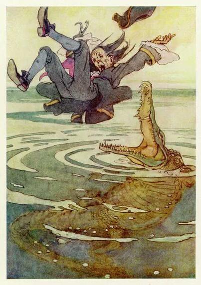 A watercolour illustration: Captain Hook, dressed in a black frock coat and knee-breeches, with white flounced shirt cuffs protruding from his sleeves, plummets backwards through the air towards the gaping jaws of a huge crocodile that waits for him in the water below.