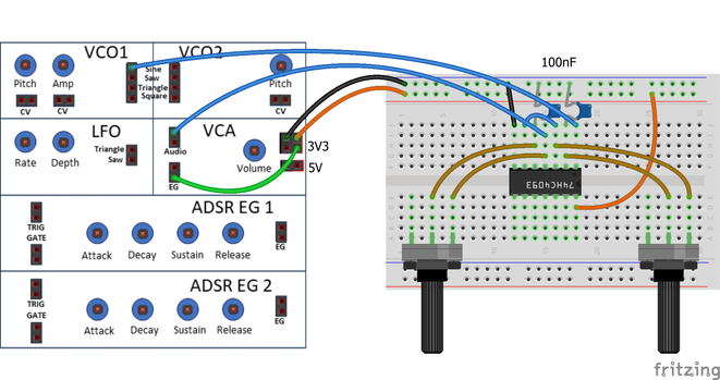 Firtzing diagram of my educational synth thing hooked up to a solderless breadboard with a dual oscillator Schmidt Trigger NAND circuit shown.  There are two potentiometers, a 14-pin DIP chip, couple of capacitors and jumper wires.