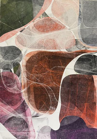 Large embossed Monoprint with textured curvilinear shapes in tones of black, pink, orange, and a little bit of green
