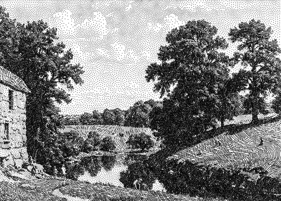 computer generated line drawing of a landscape featuring stippling in the lighter toned areas