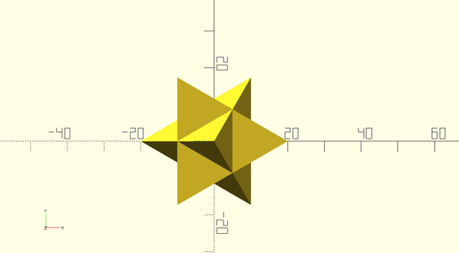 The Merkabah sacred geometry figure made of 2 interlocking tetrahedron, of yellow color.