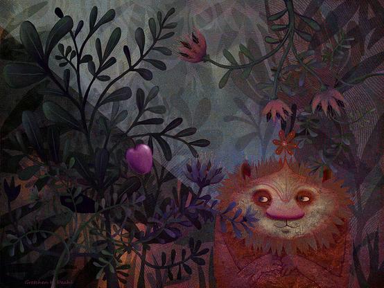 In dark blue and gray colors of plants and wild flowers, stands a rather strange being, the color of a tangerine, looking with longing at a delicious berry, just out of reach. On its head, a flower has sprouted.
