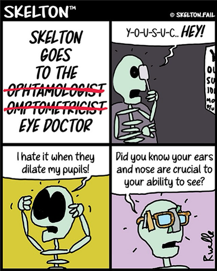 Skelton goes to the eye doctor only to be insulted by the eye-chart, have his pupils dilated, and fit for glasses that he has to tape to his head because he doesn’t have any ears.