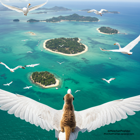 画像は、上空から海と島々を見下ろす視点で、白い大きな鳥の背中に乗ったミーアキャットが描かれています。ミーアキャットは前方を向いており、鳥は大きな白い翼を広げて飛んでいます。下には、透明度の高い青緑色の海と、緑豊かな小さな島々が点在しています。周囲には、他にも白い鳥が数羽飛んでいます。全体的に、自由と冒険を感じさせる、ファンタジックな合成写真です。これはAI生成画像です。
The image depicts a meerkat riding on the back of a large white bird, from an aerial perspective looking down at the sea and islands. The meerkat is facing forward, and the bird has its large white wings spread out in flight. Below, clear turquoise waters and lush green small islands are scattered. Several other white birds are flying around. Overall, it's a fantastical composite photograph that evokes a sense of freedom and adventure. This is an AI-generated image.