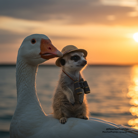 画像には、美しい夕焼けの海辺の風景が写っています。オレンジ色とピンク色のグラデーションの空には、太陽が水平線に沈みかけており、その光が海面を金色に照らしています。数羽のシルエットの鳥が空を飛んでいます。前景の砂浜には、後ろ向きに座っているミーアキャットのシルエットが見えます。その隣には、ヤシの木が生い茂る小さな岬があります。遠くには、小さな島影も見えます。全体的に、静かで瞑想的な雰囲気の風景写真です。これはAI生成画像です。
The image shows a beautiful sunset seascape. The sky has a gradient of orange and pink as the sun is setting on the horizon, its light illuminating the sea surface in gold. Several silhouetted birds are flying in the sky. In the foreground, the silhouette of a meerkat sitting with its back to the viewer can be seen on the sandy shore. Next to it is a small cape overgrown with palm trees. A small island silhouette is visible in the distance. Overall, it's a serene and meditative landscape photograph. This is an AI-generated image.