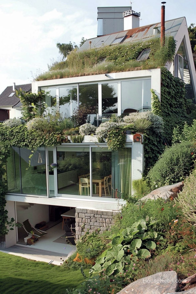 A three-story house built from recycled materials - a container home with a wooden upper floor on top of a shipping container.