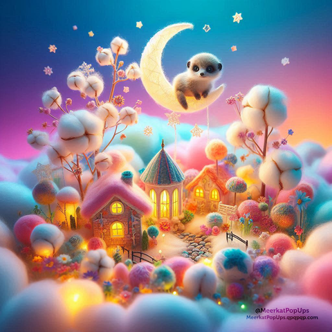 画像には、幻想的な夜の風景が描かれています。三日月の上にちょこんと座っているかわいらしいミーアキャットが中央に配置され、周囲にはパステルカラーの雲や、光り輝く小さな家々、綿の木のような植物、カラフルな花々が広がっています。空は青からピンク、紫へと美しいグラデーションを描き、星や雪の結晶のような装飾が散りばめられています。全体的に、夢のような、温かく優しい雰囲気のイラストです。これはAI生成画像です。

The image depicts a fantastical night scene. A cute meerkat is sitting perched on a crescent moon in the center, surrounded by pastel-colored clouds, glowing small houses, plants resembling cotton trees, and colorful flowers. The sky shows a beautiful gradient from blue to pink and purple, with decorations like stars and snowflakes scattered throughout. Overall, it's a dreamlike illustration with a warm and gentle atmosphere. This is an AI-generated image.