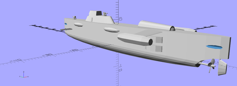 Aft view of a ship that's part submarine and part airplane, with some sort of jet engines on short wings but also a good old propeller.