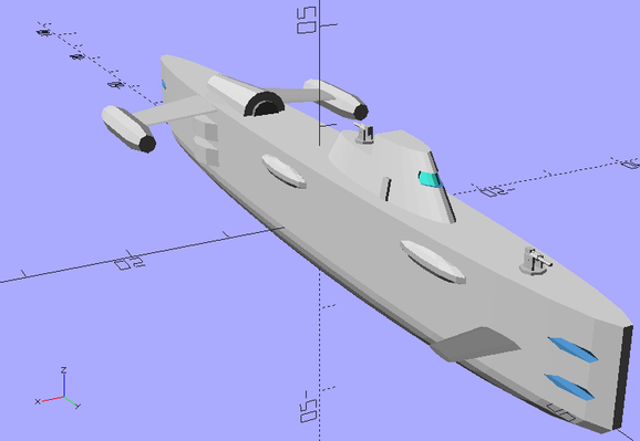 Low-detail 3D model of a warship that's part submarine and part surface vessel, with some kind of spaceship engines added near the aft.
