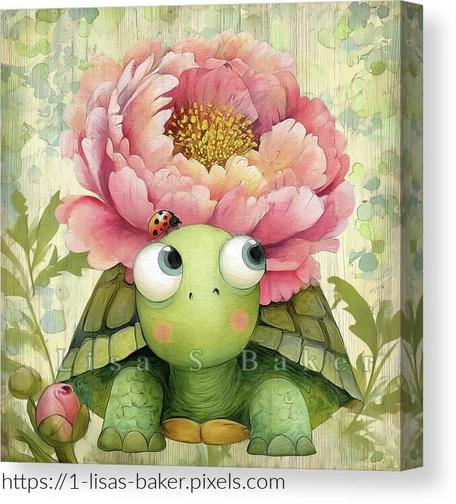 Peony Turtle brings a touch of garden magic to life with soft colors and irresistible charm. This wide-eyed turtle carries a blooming pink peony on its shell, where a tiny ladybug has found the perfect resting spot. Surrounded by a gentle blur of green foliage, the scene feels dreamy and playful, making it a delightful addition to any space that could use a dose of nature’s whimsy and joy.

Created by Lisa S. Baker, this whimsical artwork is available as premium prints, canvas wall art, greeting cards, and more.