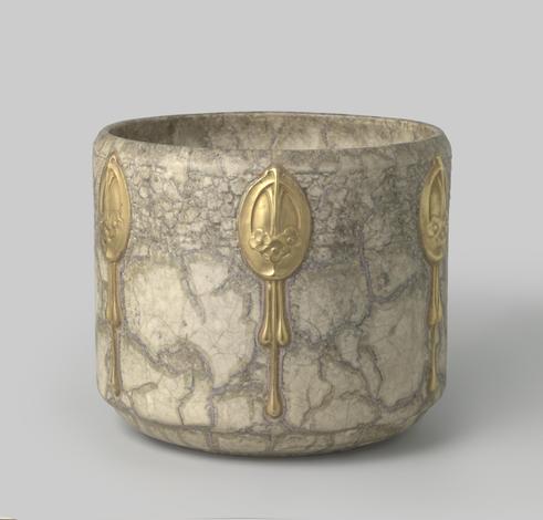 Bloembak met gemarmerde matte grijsgroene glazuur en vergulde ornamenten, anonymous, c. 1900 - c. 1925