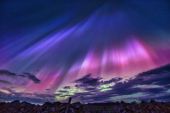 An image of the multi coloured Aurora in the night sky over North East Scotland.