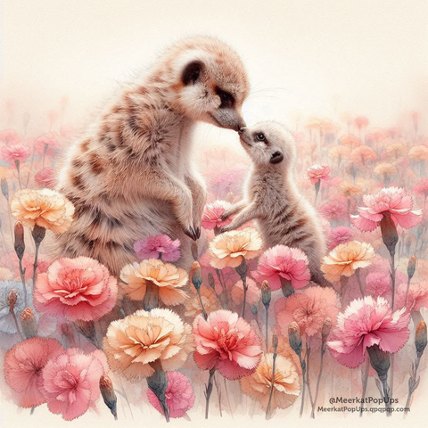 画像には、ピンクとオレンジ色の花が咲き乱れる中で、二匹のミーアキャットが鼻先を触れ合わせている様子が写っています。大きいミーアキャットは小さいミーアキャットを見つめており、愛情に満ちた雰囲気です。背景は淡いピンク色にぼけており、二匹のミーアキャットと花々が際立っています。全体的に、優しく温かい印象のイラストです。これはAI生成画像です。

The image shows two meerkats touching noses in a field full of blooming pink and orange flowers. The larger meerkat is looking at the smaller one, creating a loving atmosphere. The background is blurred in soft pink tones, making the two meerkats and the flowers stand out. Overall, it's a tender and warm illustration. This is an AI-generated image.