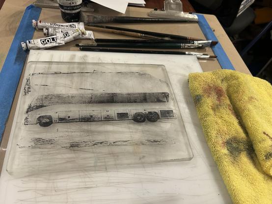 The pulled xerox (laser print) transfer of the bus, complete with roller marks. Subtractive brush over.