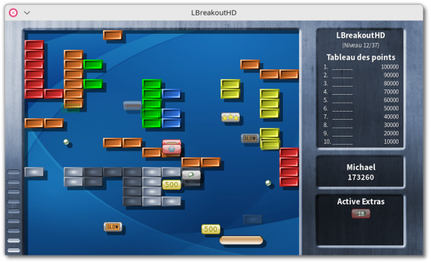 🕶️ A view of its UI with the breakout game on the left and the scoreboard on the right.

📚️ LBreakoutHD is a modernization of LBreakout2, a libre & multi-platform, single-player / multi-player (2 in LAN or 4 in hotseat) breakout game. The player controls the lateral movement of a racket, with the aim of preventing the ball from reaching the bottom of the screen and of making the highest score by eliminating the maximum amount of bricks. It includes levels from LBreakout2 in different graphic resolutions, while continuing its improvement. A very fine achievement!